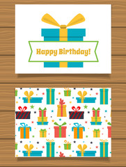 Happy Birthday. Lettering greeting card and its reverse side with an abstract design.