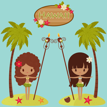 Hawaii  poster with Hula dancers and palm trees