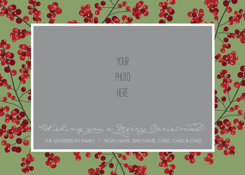 Christmas, Holiday Photo Card Template - Red and Green Holly Berry - Vector