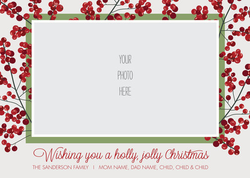 Holly Frame Photo Christmas, Holiday Card Template - Vector