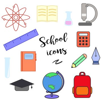 Line educational and science icons. Lineart school icons.