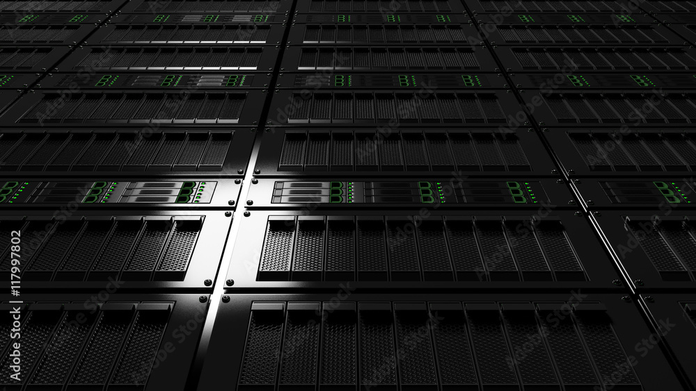 Aufkleber server room low angle view. version with no defocus. cgi