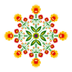 Polski folklor - okrągły wzór z kwiatów i liści