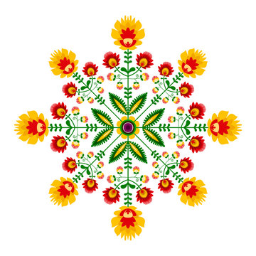 Polski folklor - okrągły wzór z kwiatów i liści