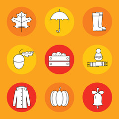 Autumn Icons on an orange background in the style of the outlines. Vector illustration.