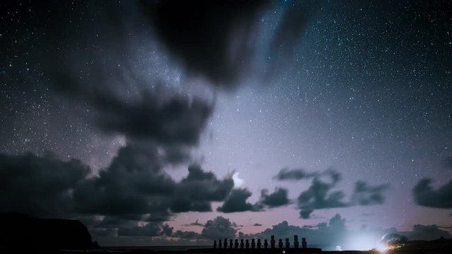 Moai at Ahu Tongariki with night sky and milky way background , Easter Island Chile