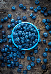 Freshly picked blueberries on wooden background