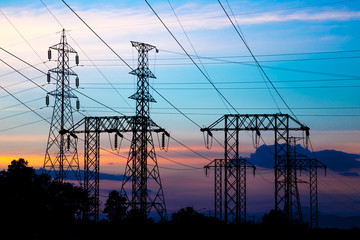 Electric pole, High voltage post and sky in twilight time