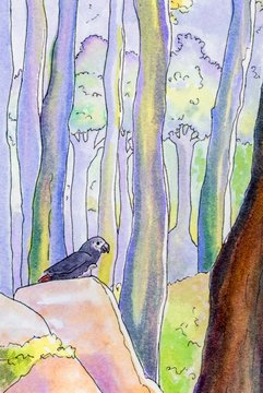 Original painting of a parrot in a fantasy forest.