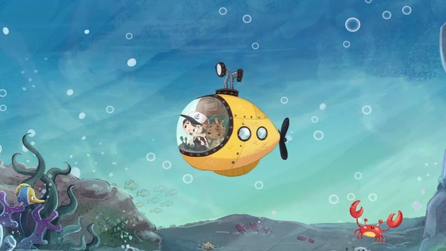 Ni&ntilde;o en un submarino en el fondo del mar. Explorando el oceano con su mascota