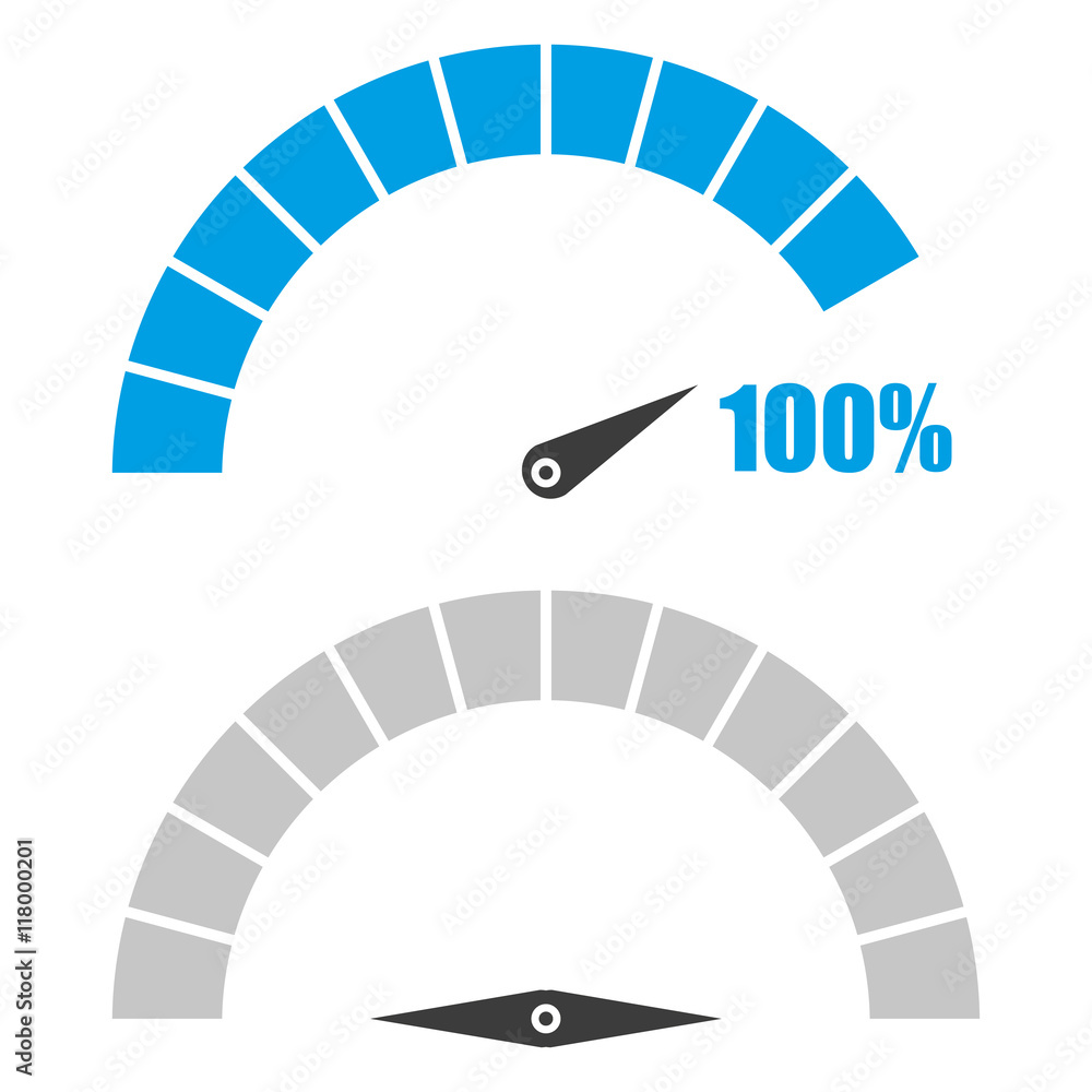 Poster set of speedometer or rating meter signs infographic gauge element with percent 100