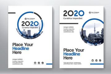 Fototapeta premium Blue Color Scheme with City Background Business Book Cover Design Template in A4. Easy to adapt to Brochure, Annual Report, Magazine, Poster, Corporate Presentation, Portfolio, Flyer, Banner, Website.