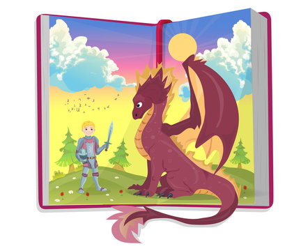Open book of fairytales with knight and dragon illustration