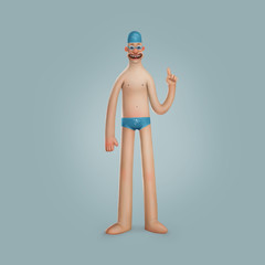 funny man character, a character swimmer, funny illustration, cartoon character, swimmer in swimming trunks and swimming goggles