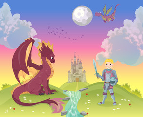 Fototapeta premium Cartoon knight with dragon