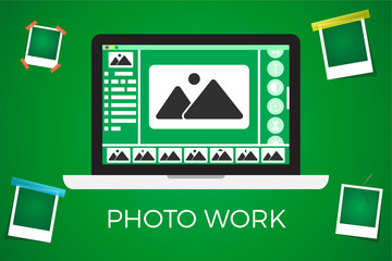 Laptop Icon on green backgroud with  frame.photo work and photo edit concept.vector illustration for your business