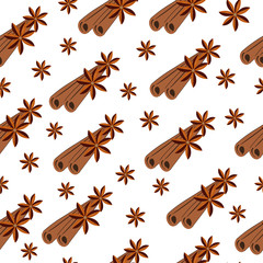 Cinnamon sticks and flower seamless texture, cinnamon background wallpaper. Vector illustration