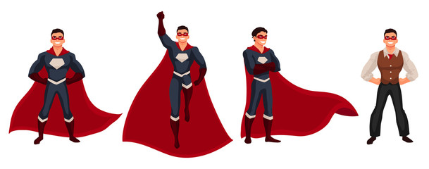 Male superhero cartoon style vector illustration isolated on white background. Set of same man in casual suit and in superhero disguise, super power man. Ordinary person as superhero concept - obrazy, fototapety, plakaty
