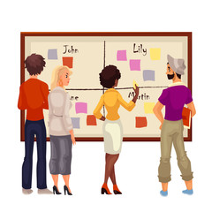 Obraz premium Young creative business people brainstorming ideas at the board, sketch style vector illustration. Multiethnic group of young people hold a brainstorm standing at the board and using sticky notes
