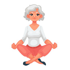 beautiful senior woman in various poses of yoga, cartoon style vector illustration isolated on white background. Beautiful old doing yoga, asanas, healthy lifestyle