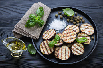 Grilled aubergine with capers, sea salt, basil and olive oil