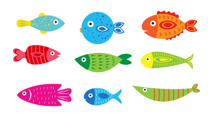 Cartoon baby fish set, vector illustration of a fish - obrazy, fototapety, plakaty