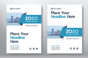 Blue Color Scheme with City Background Business Book Cover Design Template in A4. Easy to adapt to Brochure, Annual Report, Magazine, Poster, Corporate Presentation, Portfolio, Flyer, Banner, Website - obrazy, fototapety, plakaty