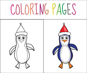 Obraz premium Coloring book page Penguin Christmas. Sketch and color version. Coloring for kids. Vector illustration