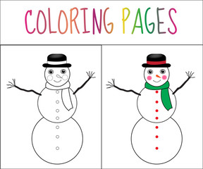 Coloring book page, snowman, new year, Christmas. Sketch and color version. Coloring for kids. Vector illustration