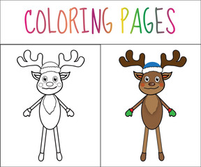 Coloring book page, deer, new year, Christmas. Sketch and color version. Coloring for kids. Vector illustration