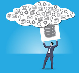 Putting data into cloud business concept. Confident businessman trying to put a big cube with databases sign on it into big information cloud. Internet marketing, big data, decentralized data storage.