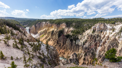 Big waterfall among the beautiful rocks. Mountain landscape. Fir forest growing on the sharp rocks. Lower falls from Uncle Toms Trail on The Grand Canyon of the Yellowstone National Park, Wyoming