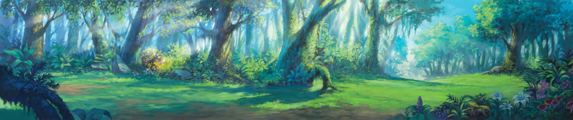 Sunrise morning inside fantasy forest painting illustration - obrazy, fototapety, plakaty