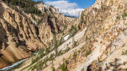 Stormy river flows in a narrow gorge in the rocks. Mountain landscape. Fir forest growing on the sharp rocks. Uncle Toms Trail on The Grand Canyon of the Yellowstone National Park, Wyoming