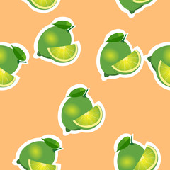 Pattern. lime and leavesand slices same sizes on orange background.