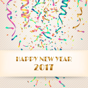 Happy New Year 2017. Fabric background with streamers and confetti.