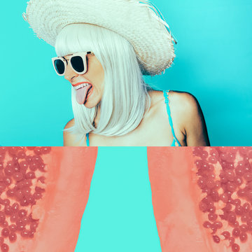 Beach Party Girl. Straw Hat,  Havana funny style. Papaya Collage