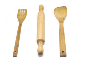 wooden cutlery isolated on white background.