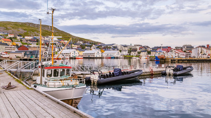 Fototapeta na wymiar HONNINGSVAG, NORWAY- JULY 24, 2016: Port of Honningsvag in Finnm