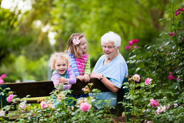 Grandmother and kids sitting in rose garden