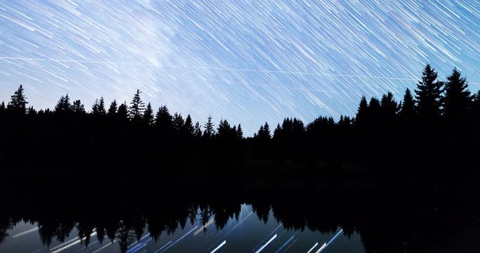 A view of the stars of the Milky Way with a silhouette of a pine trees forest near a lake in the mountain. Comet mode falling stars reflection in the water. Perseid Meteor Shower. 4k timelapse. 