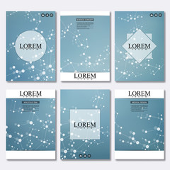 Set of business templates for brochure, flyer, cover magazine in A4 size. Structure molecule DNA and neurons. Geometric abstract background. Medicine, science, technology. Vector illustration.