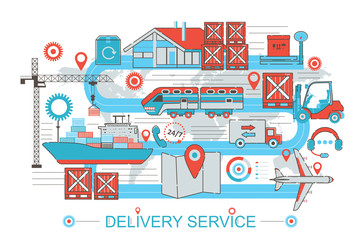 Modern Flat thin Line design Delivery logistics cargo service concept for web banner website, presentation, flyer and poster.