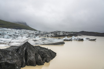 Solheimajokull glacier in the mist. Vatnajokull National Park. Iceland.