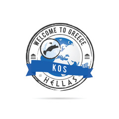 grunge rubber stamp with blue ribbon and Greek island Kos illust