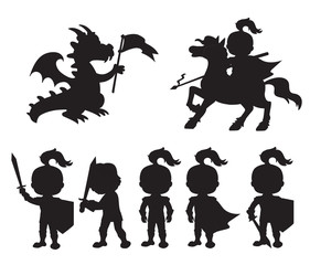 Vector set of silhouettes cute little knights and a dragon with a flag.
