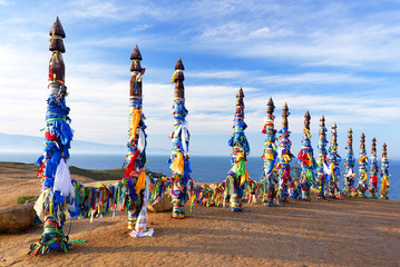 Wooden shamanic totems at Burhan Cape, Baikal Lake, Russian Federation