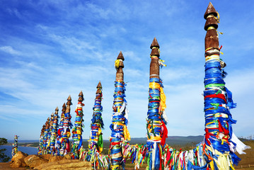 Fototapeta premium Wooden shamanic totems at Burhan Cape, Baikal Lake, Russian Federation