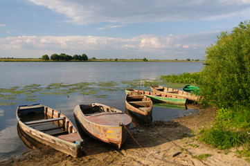 Naklejka na ściany i meble Старые затопленные лодки на берегу реки Оки в летний вечер