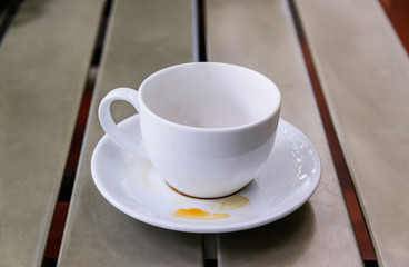 An empty cup on a wooden table, Dirty coffee cup on table